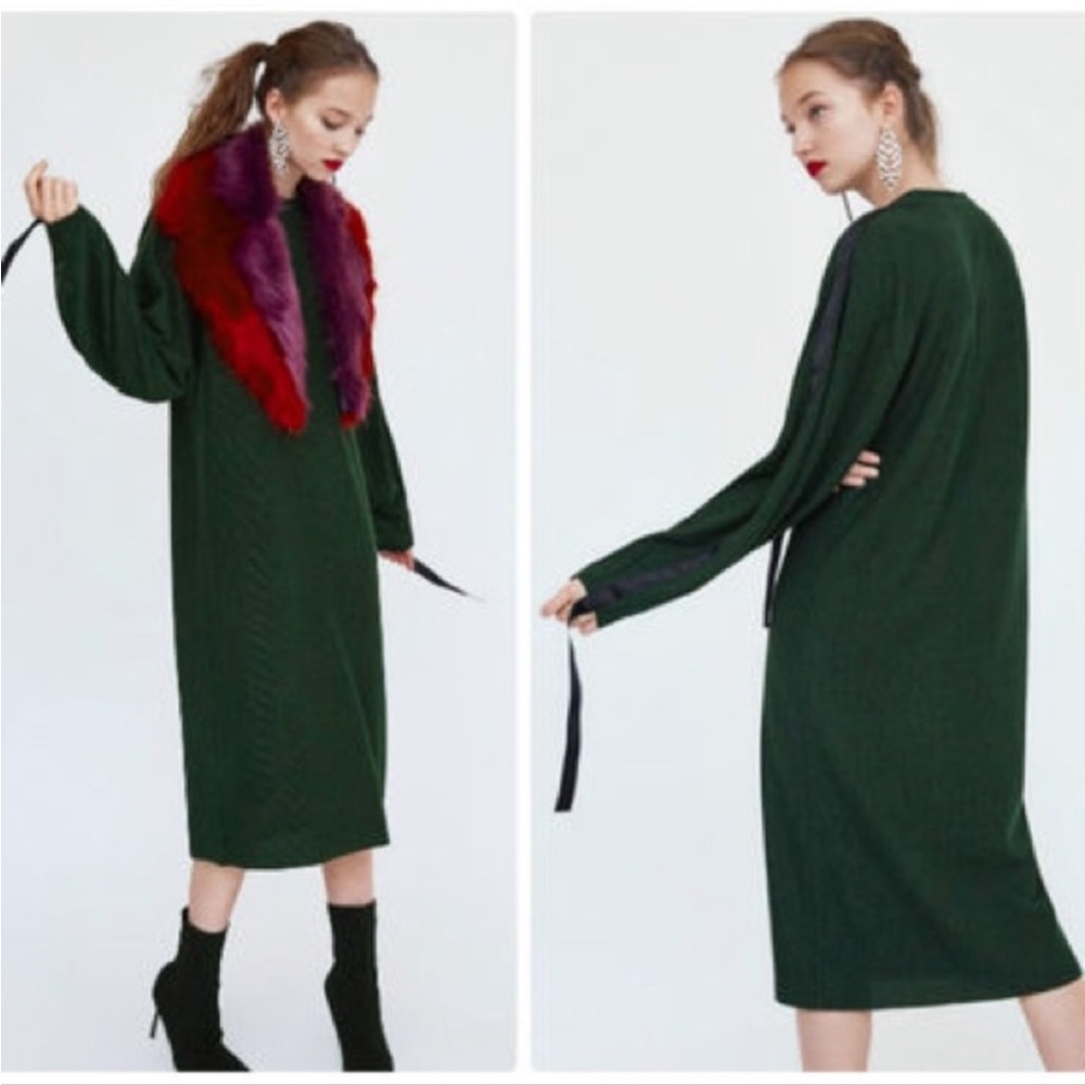 Zara Greenish Black Ribbon Long Sleeve Midi Dress Green Size S NEW